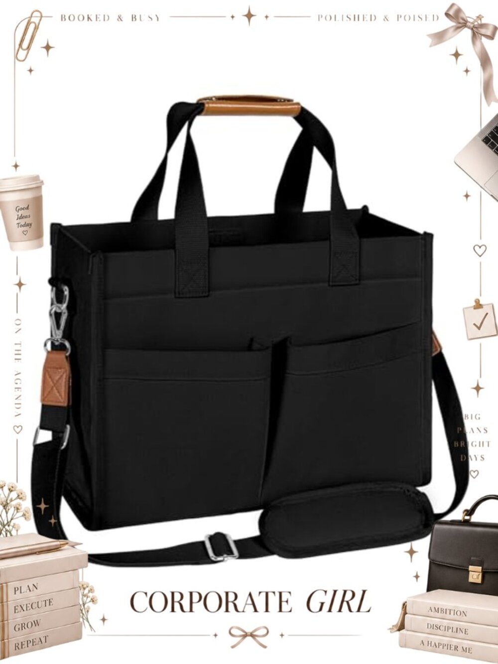 Canvas Tote Bag with Crossbody Strap, Laptop Work Travel Purse